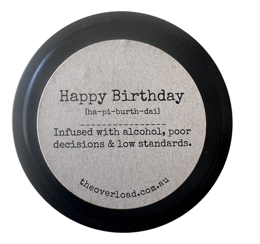 Happy Birthday 25g tin candle by The Overload  funny birthday gift candle (choose your scent)