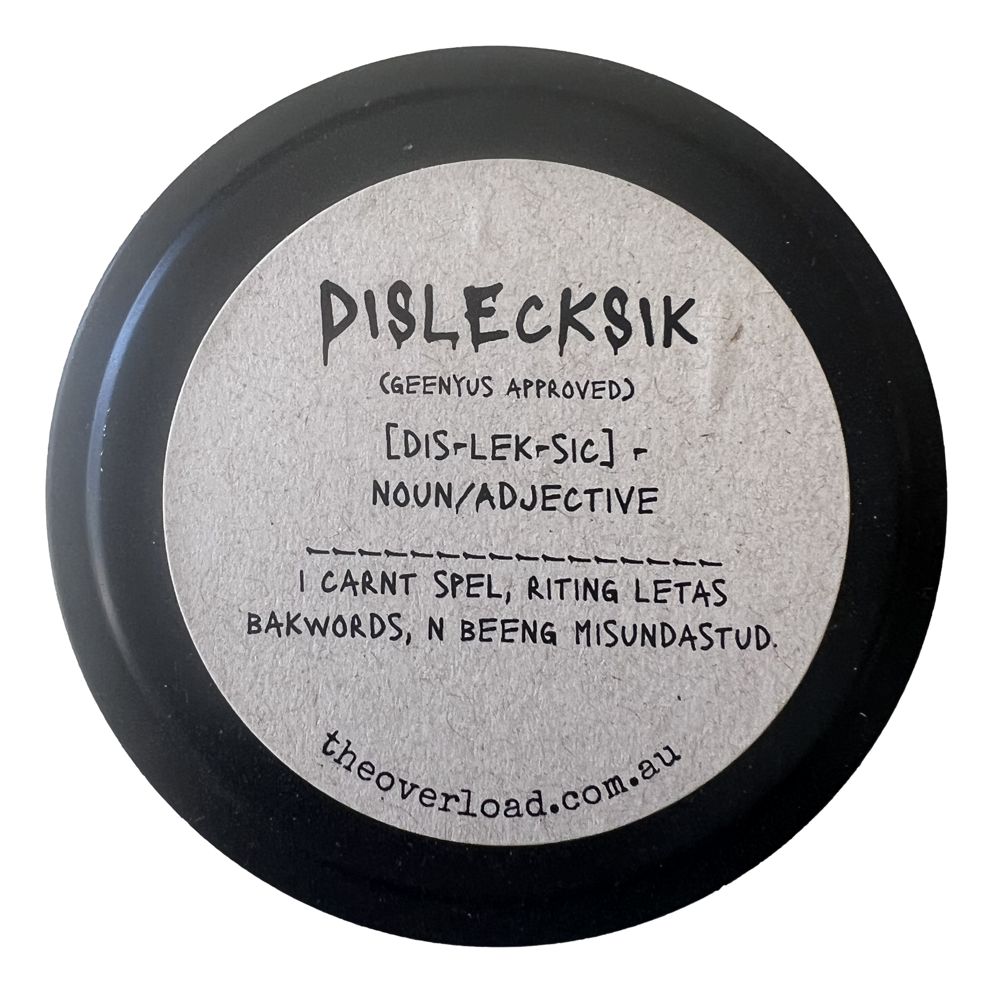 Dislecksik 25g tin candle by The Overload – funny label gift candle (choose your scent)