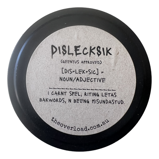 Dislecksik 25g tin candle by The Overload – funny label gift candle (choose your scent)